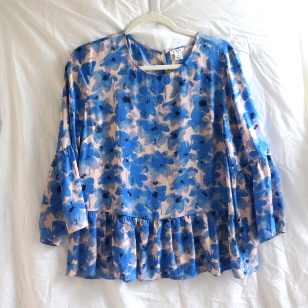 J Crew Flowy, Blue Floral Blouse, Size M